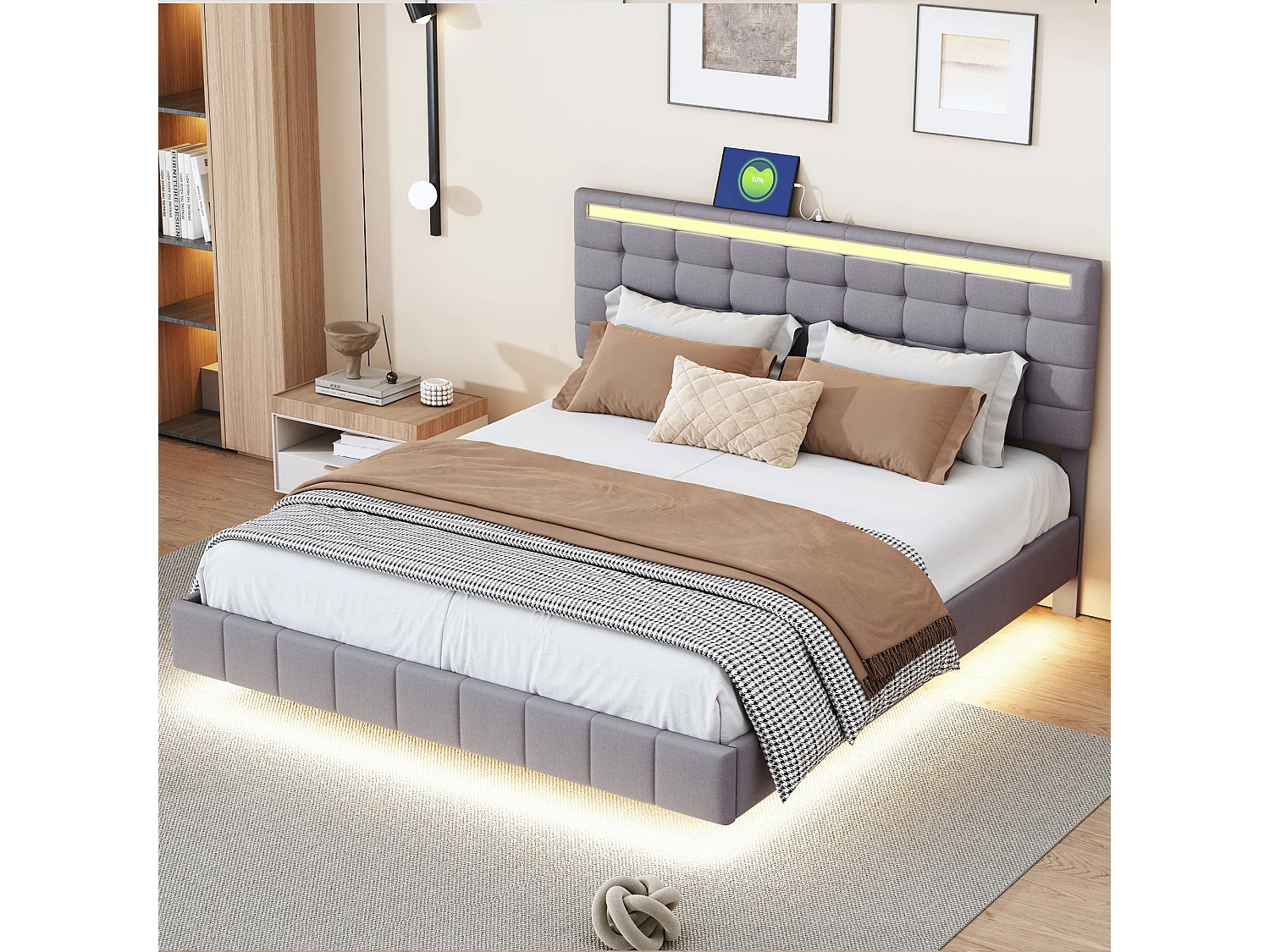 Zwevend tweepersoonsbed met LED-verlichting en gestoffeerd hoofdeinde, linnen, grijs (216x172x105cm)