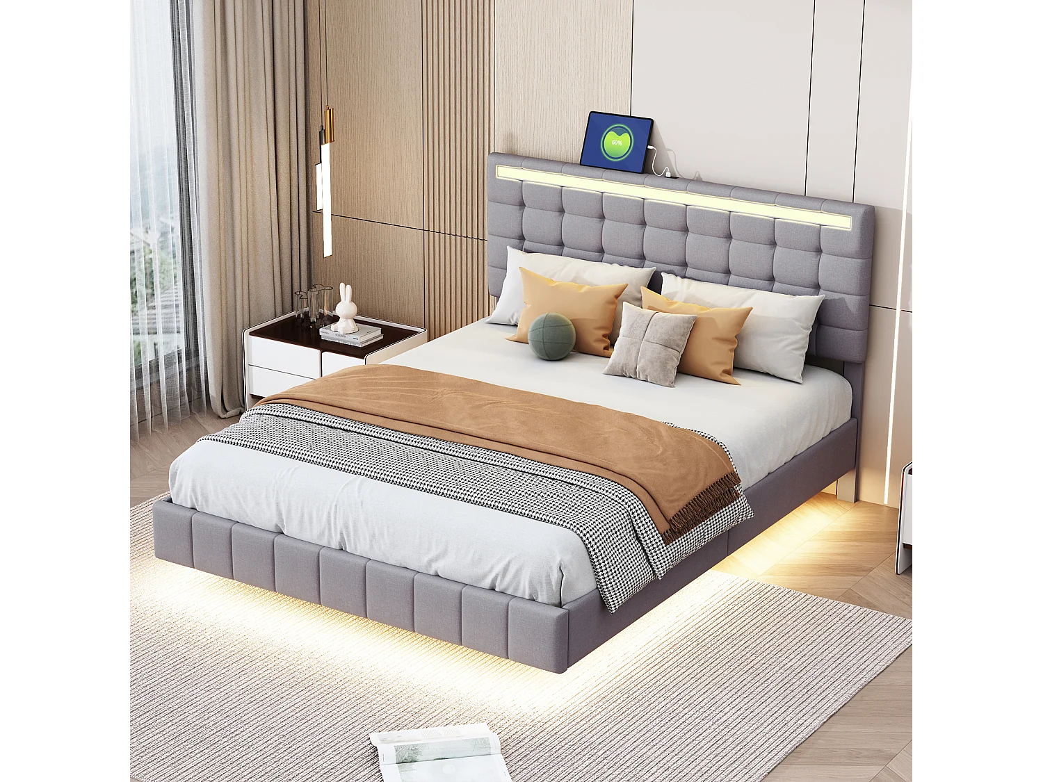 Zwevend tweepersoonsbed met LED-verlichting en gestoffeerd hoofdeinde, linnen, grijs (216x150x116cm)