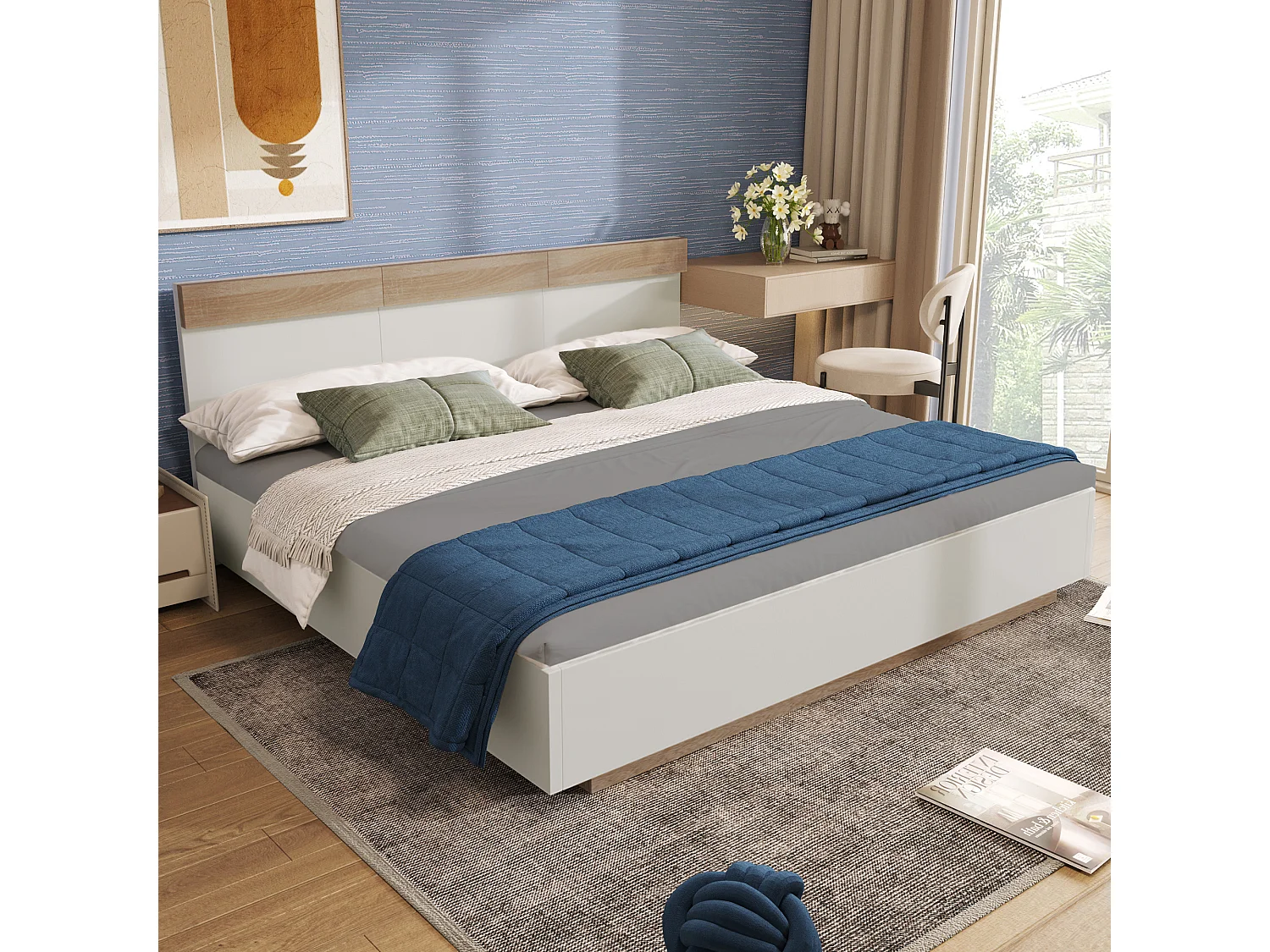 Zwevend tweepersoonsbed met hoofdbord, houten onderstel, Sonoma eiken en wit (205x144x90,5cm)