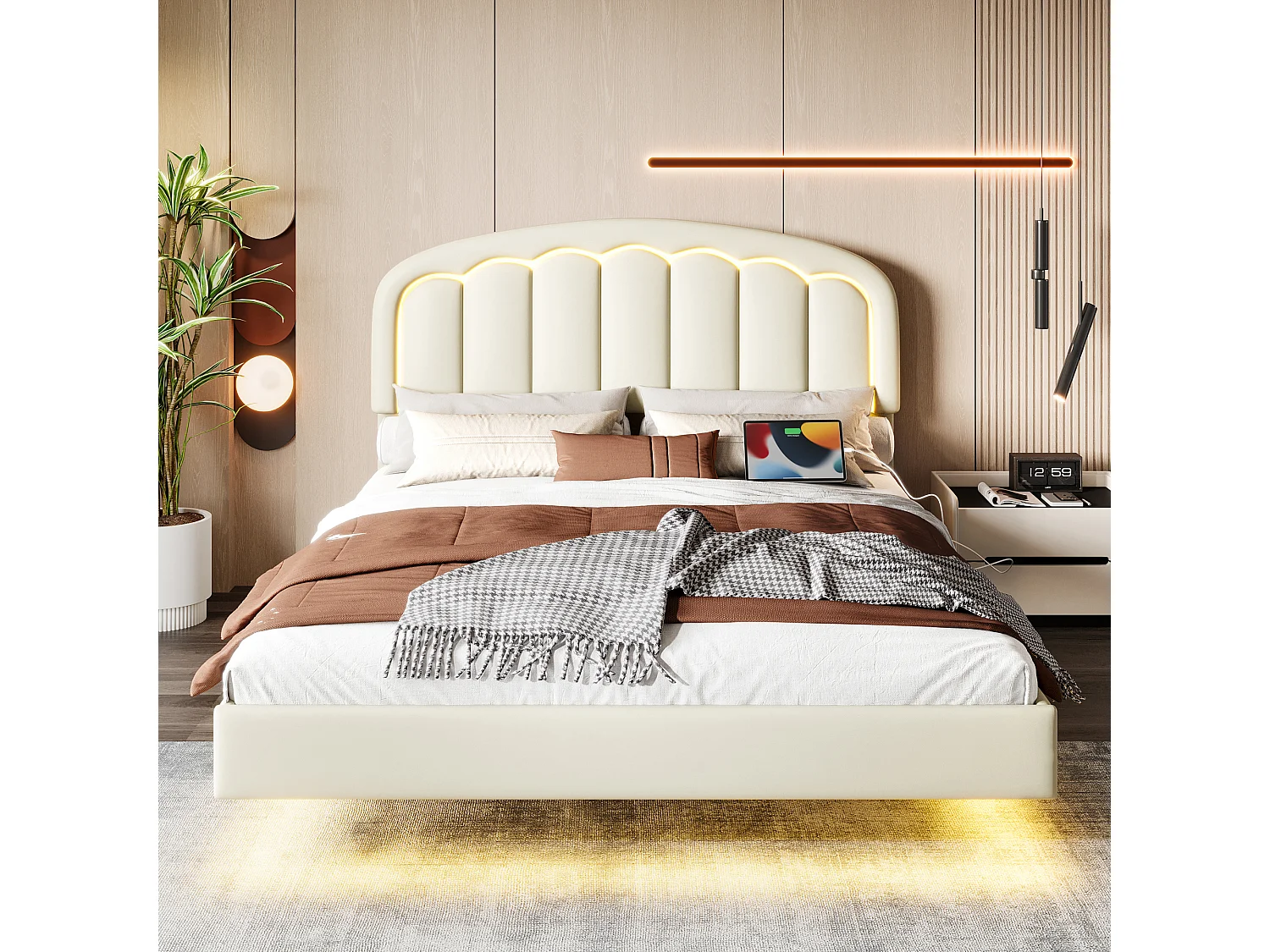 Zwevend tweepersoonsbed 140×200 cm met hoofdbord en LED-verlichting – Wit (zonder matras)