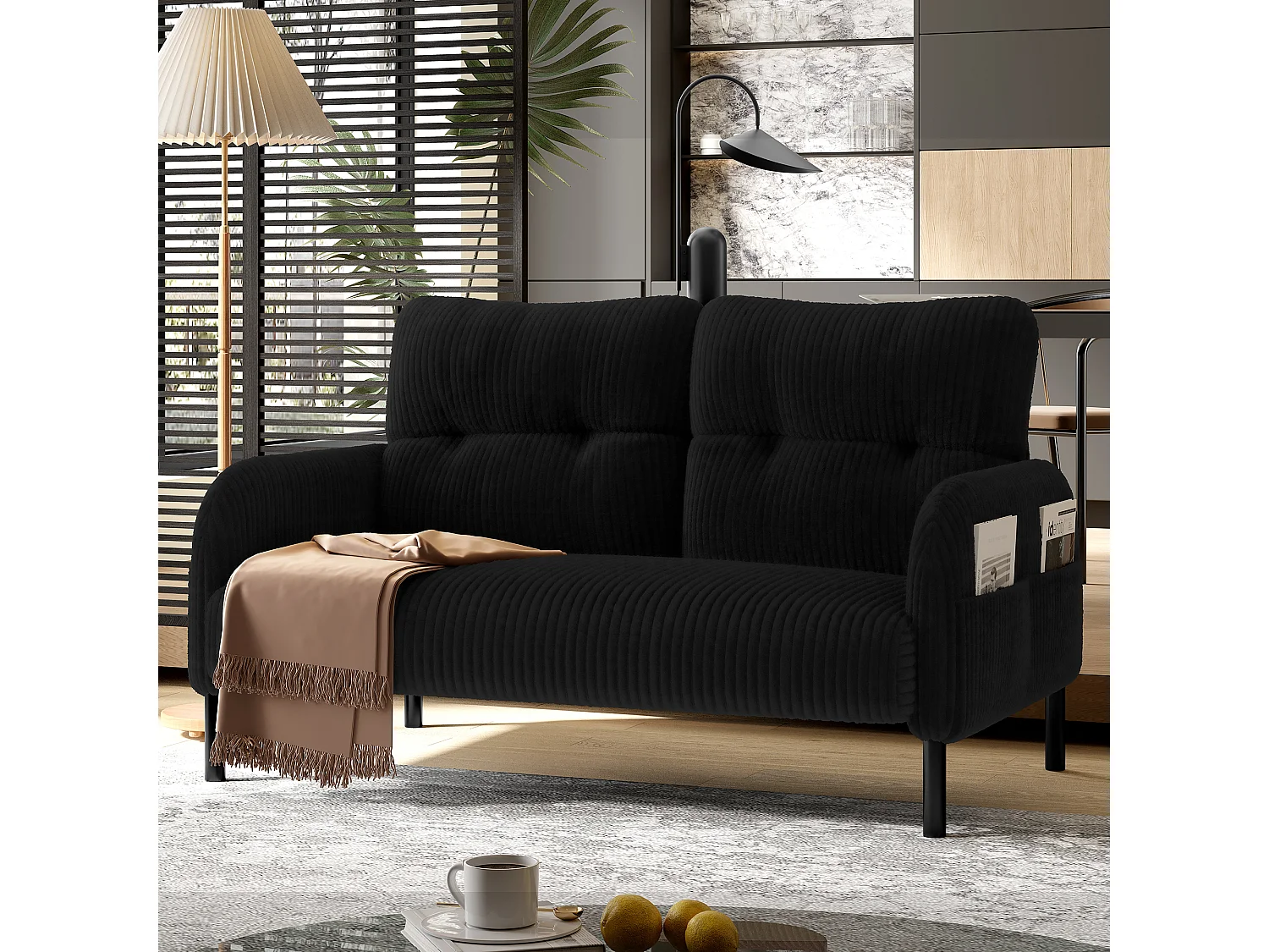 Zwarte rechte bank – Fauteuil met rugleuning en zijzakken – corduroy – voor kantoren en woonkamers