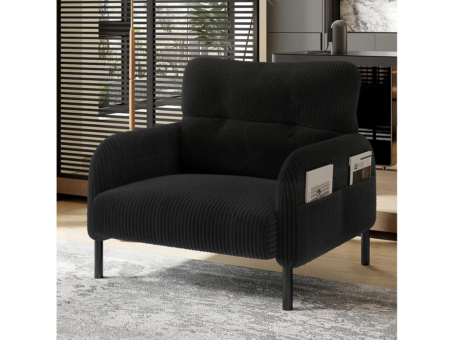 Zwarte rechte bank – Fauteuil met armleuningen en zijzakken – corduroy – voor woonkamer en slaapkamer
