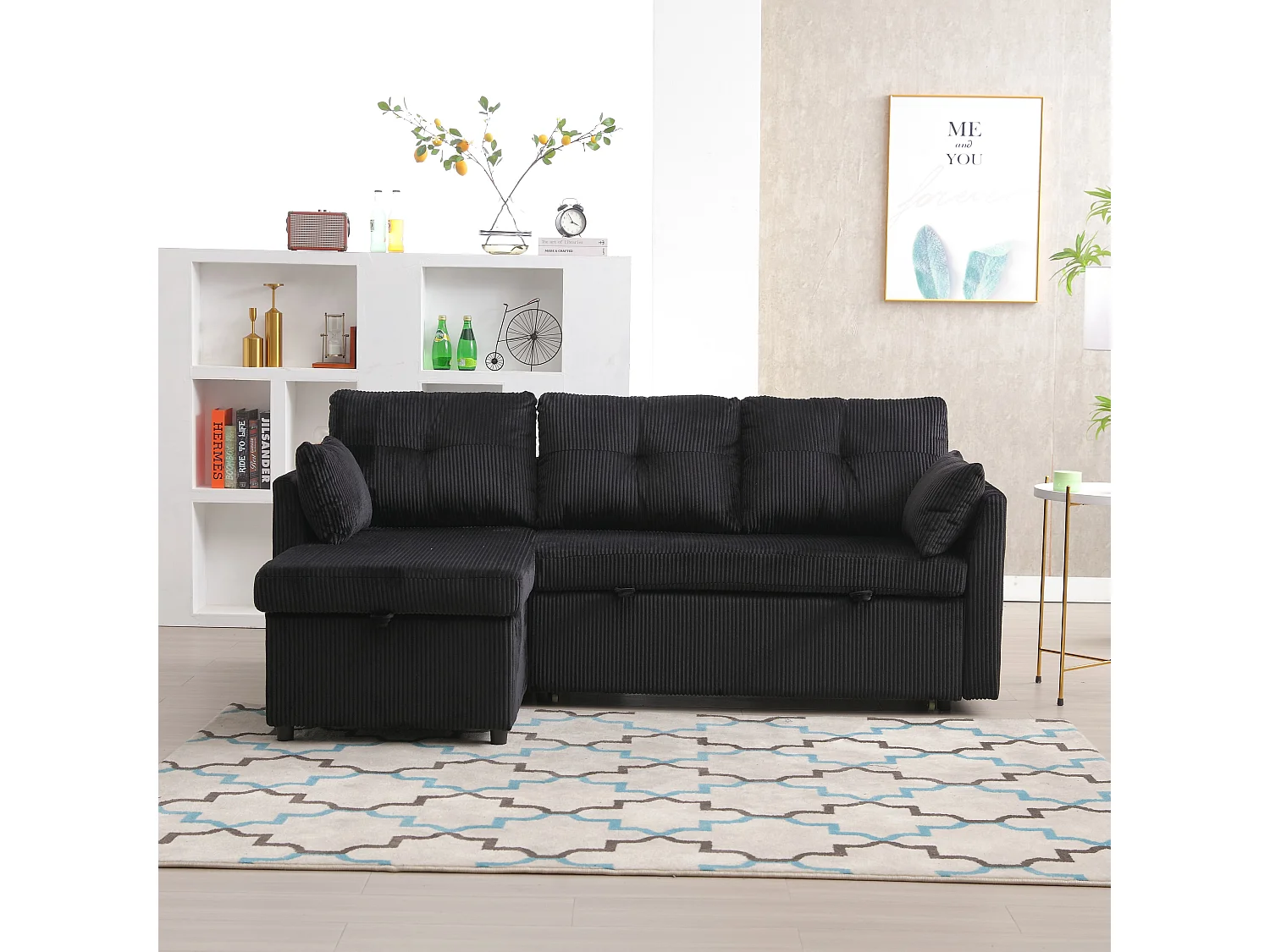 Zwarte, zachte, omvormbare hoekbank met opbergruimte en uitschuifbare chaise longue – voor woonkamer of studio