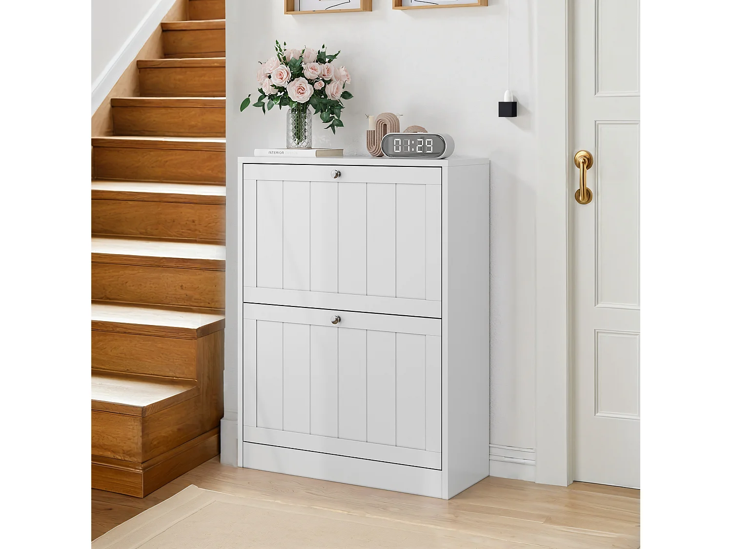Witte schoenenkast, modern mid-century design, met 2 uitklapbare lades, ideaal voor entree en hal (60x24x80 cm)