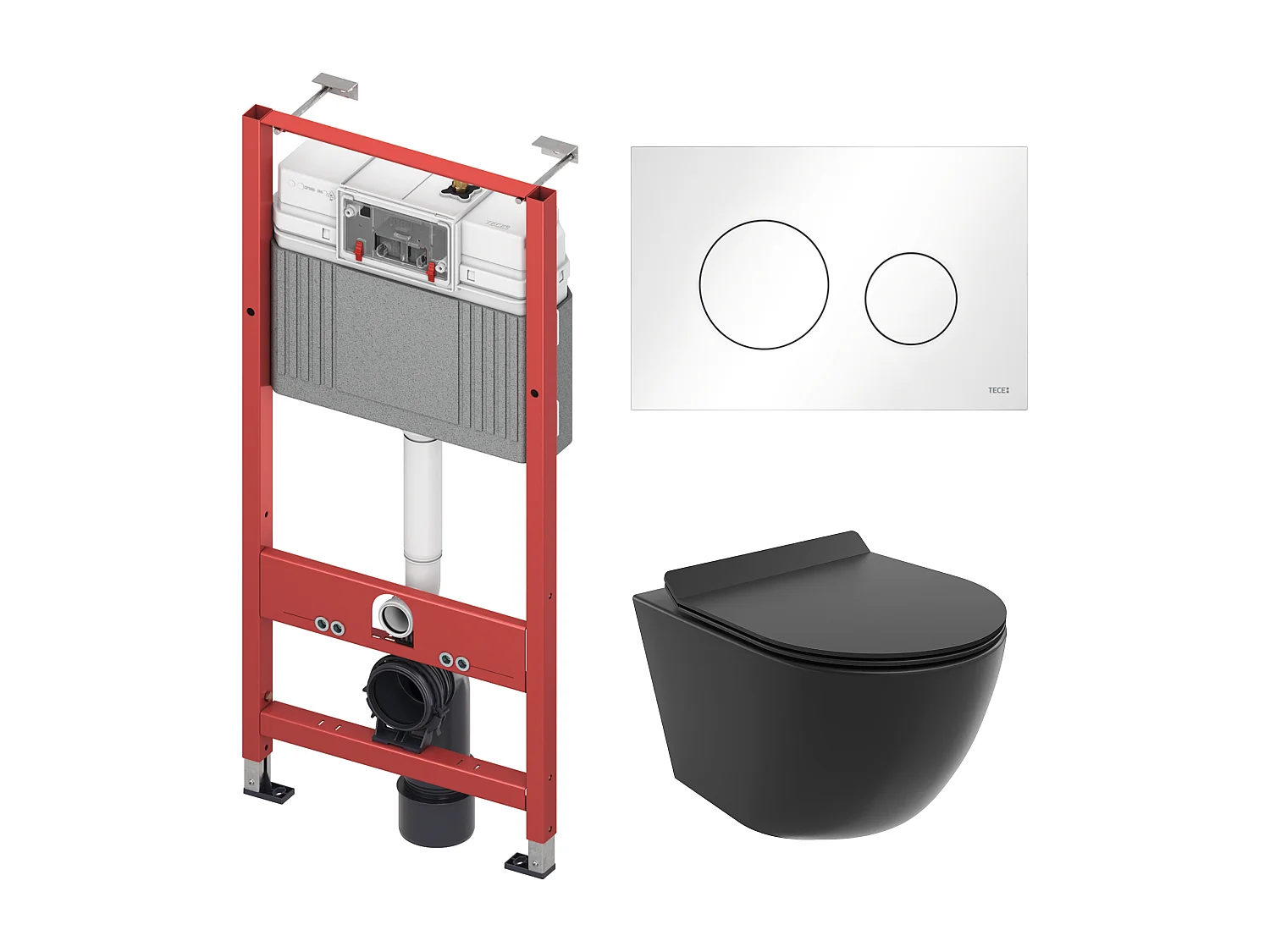 WC-SET: Voorwandelement TECEbase + toilet Rolo zwart + geluidsisolatiemat + bedieningsplaat in wit