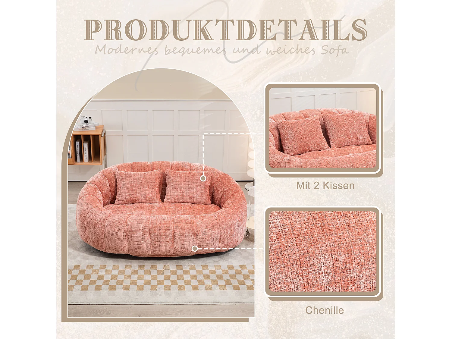 Zachte zitzak met hoge rugleuning, schuimvulling, roze chenillestof, comfortabel ontwerp voor binnen- en buitengebruik (150x95x63cm)
