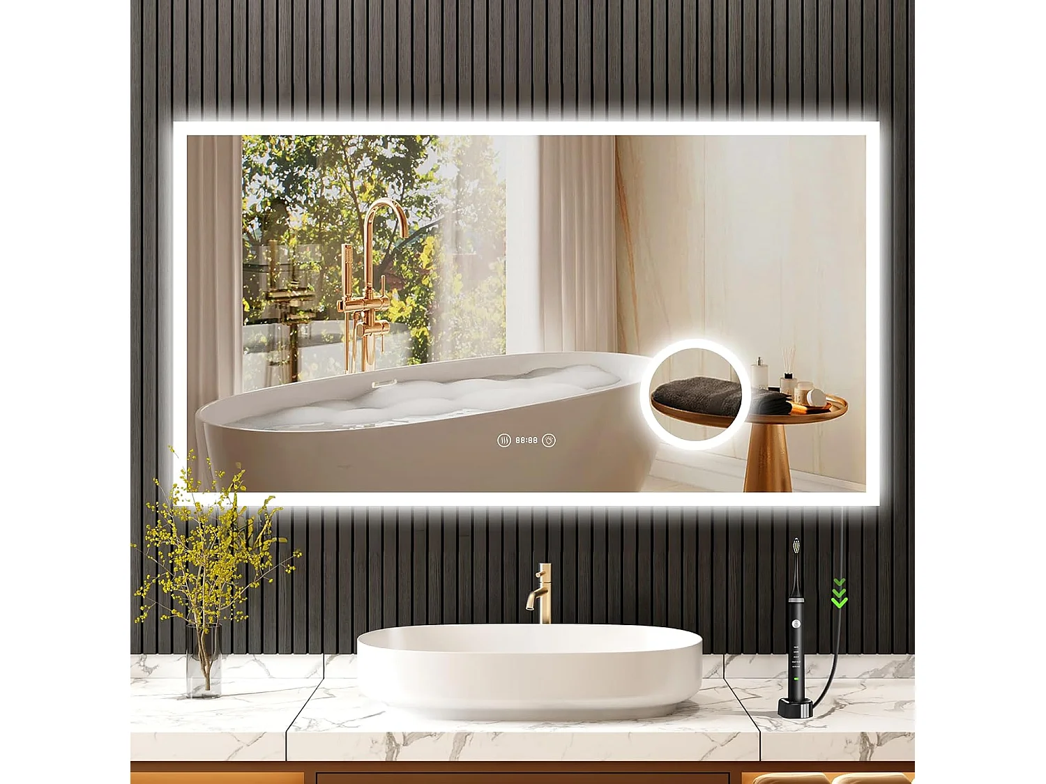 YOLEO Badkamerspiegel met Verlichting, Klok, Temperatuur, 3x Vergroting, Wandspiegel met Stopcontact, LED Anti-Beslagen, 3 Instelbare Lichtkleuren, 100 x 60 cm