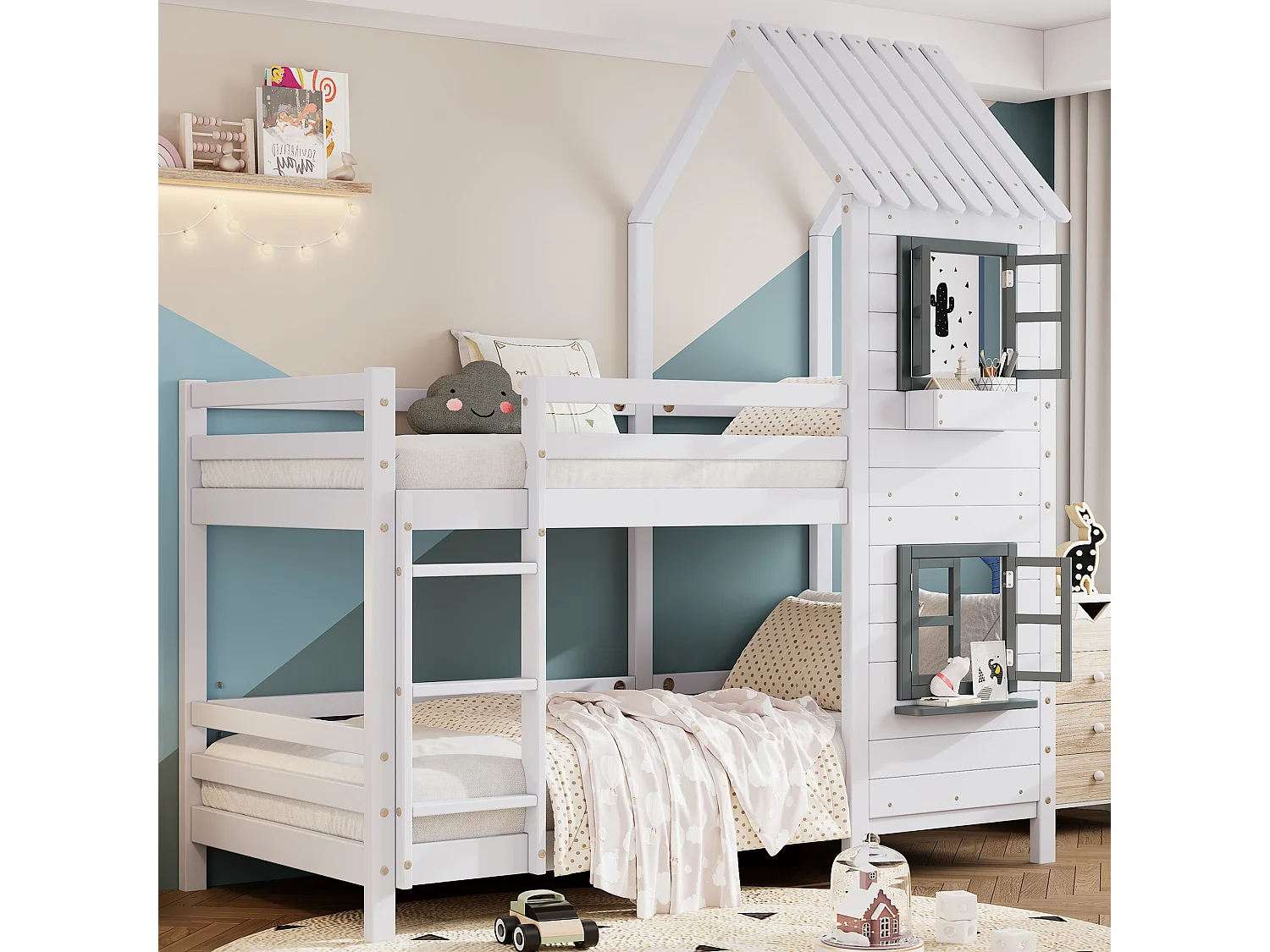 Witte kindercabine stapelbed 90x200cm met trap, ramen en leuningen, matras niet inbegrepen