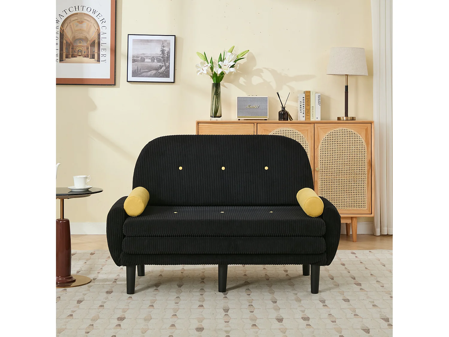 Zwarte snoerloze love sofa, omvormbaar tot slaapbank, met opbergruimte, metaal en fluweel (133,5x77x85 cm)