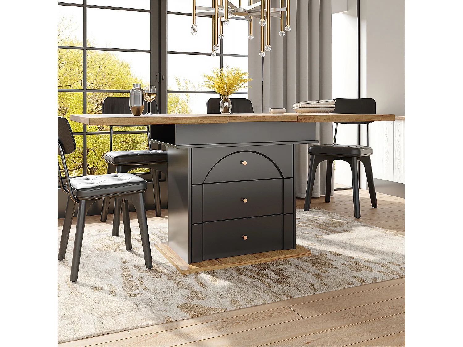 Zwarte uitschuifbare eettafel – Uitschuifbare tafel met twee lades en één deur – voor keuken en woonkamer