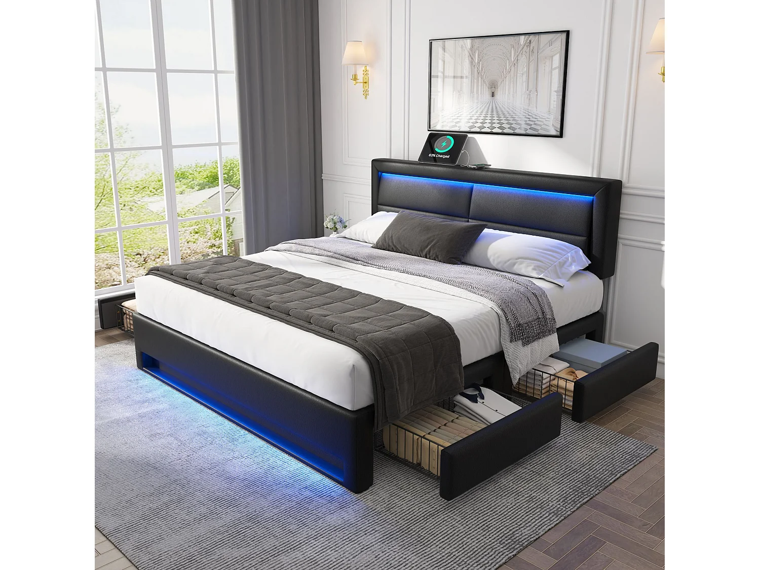 Volwassen bed 140 x 190 cm – Tweepersoonsbed met LED-verlichting en vier lades – Zwart PU – zonder matras
