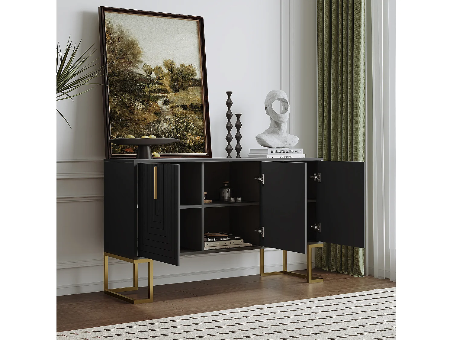 Zwarte dressoir met 3 deuren, verstelbare planken, gouden poten, 138x40x80,5cm