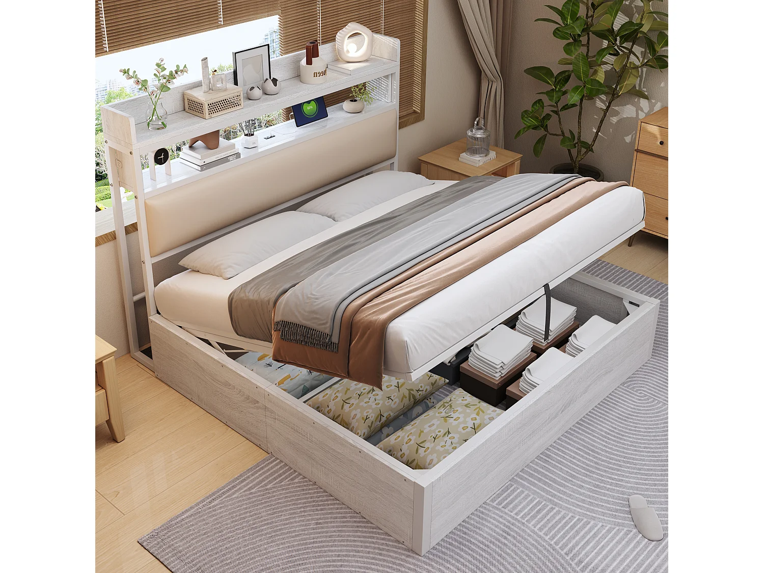 Wit tweepersoonsbed met opbergruimte 180x200cm met PU hoofdbord en USB-aansluiting, MDF (zonder matras)