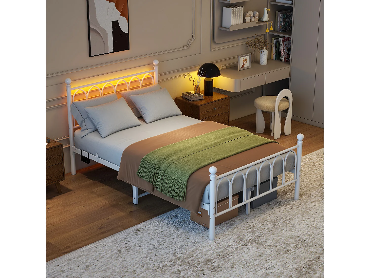 Volwassen bed 120×200 cm, wit, eenpersoonsbed met oplaadpoort en led-verlichting, metalen frame – zonder matras