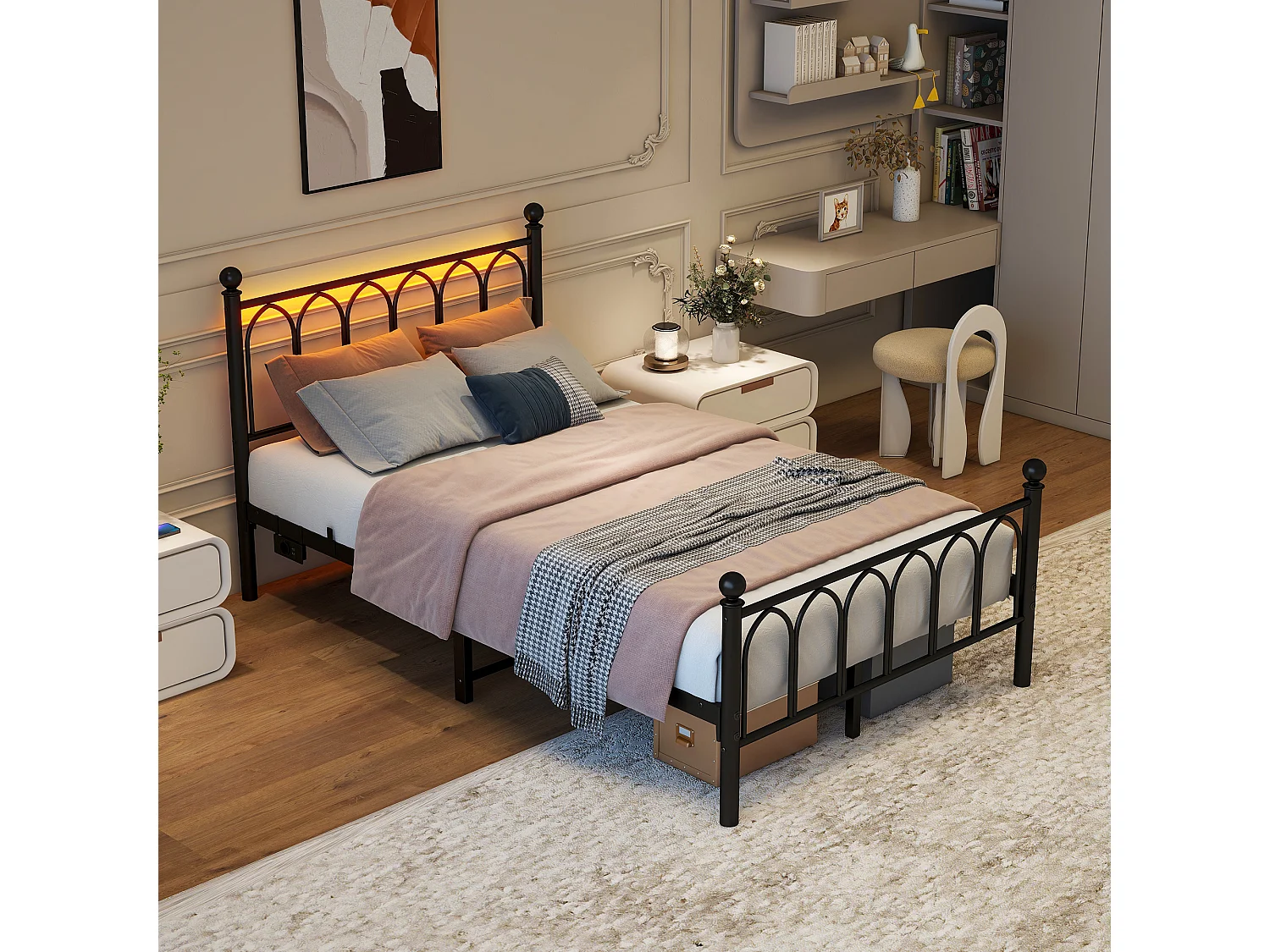 Volwassen bed 120×200 cm, zwart, eenpersoonsbed met oplaadpoort en led-verlichting, metalen frame – zonder matras