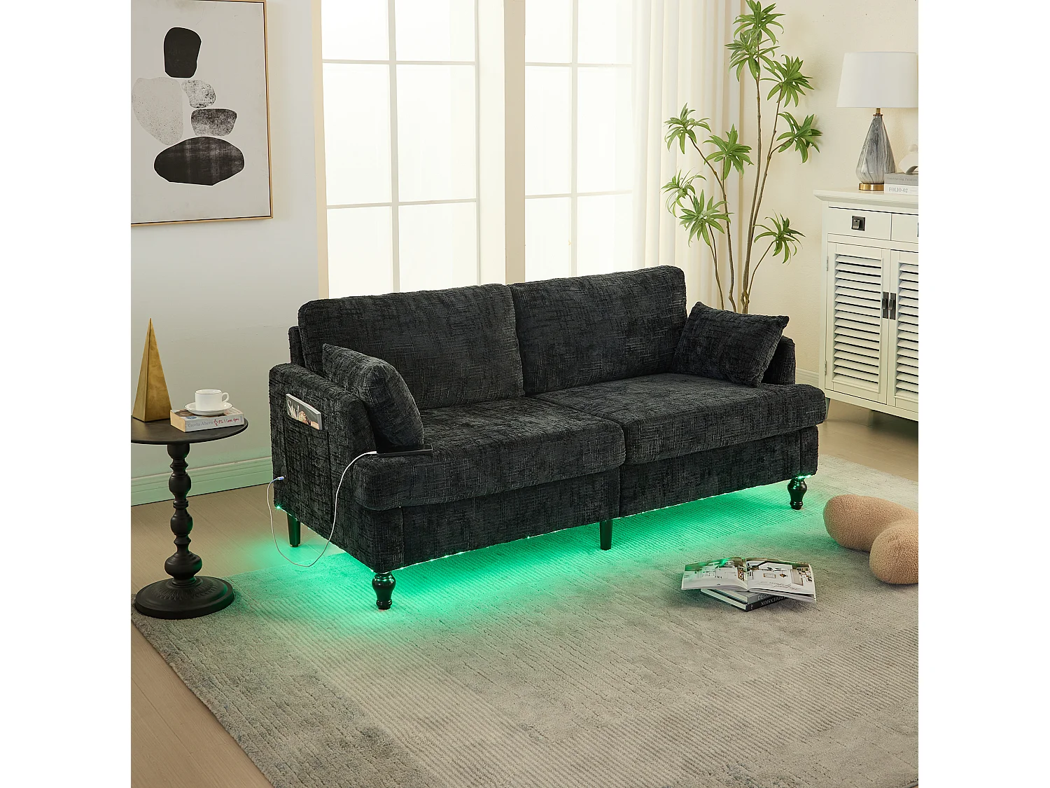 Zwarte chenille 2-zitsbank – Rechte bank met opbergruimte en ledverlichting – USB-oplaadpoort en houten poten
