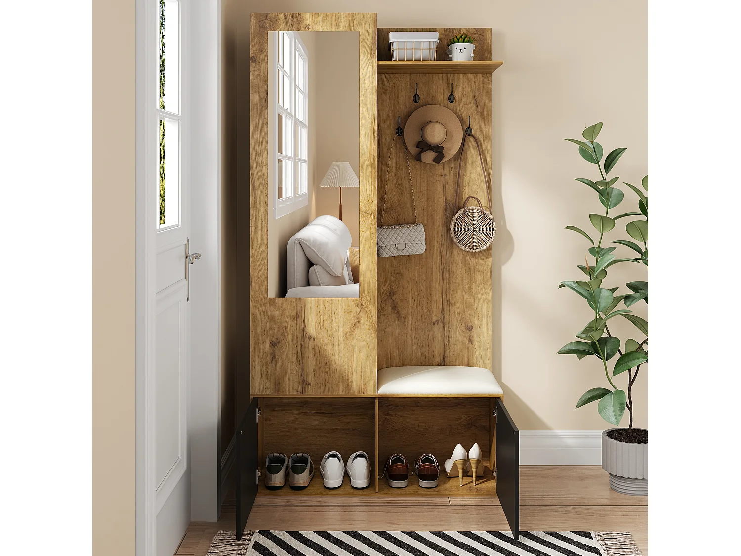Zwarte en houten kledingkast met 5 haken, spiegel, 2 deuren, een verborgen hanger en een plank 100x38x191cm