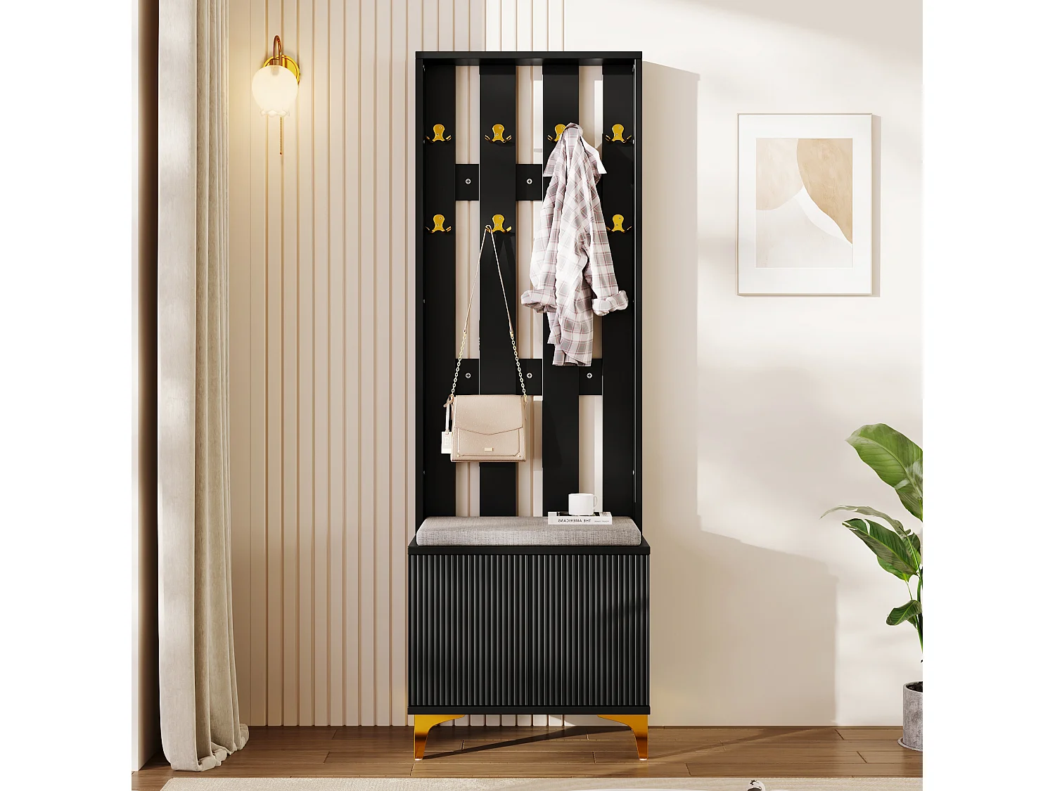 Zwarte kledingkast met 2 deuren, schoenenbank en kussen, haken, gouden poten 60,5×35,2×180,5cm