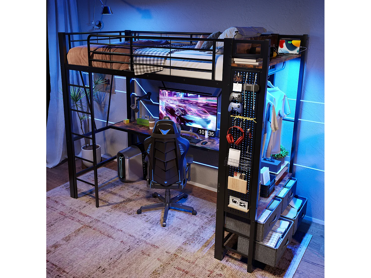 Zwarte kinderhoogslaper 90x200cm met bureau, 4 lades, LED, droogrek en USB + TYPE-C (zonder matras)
