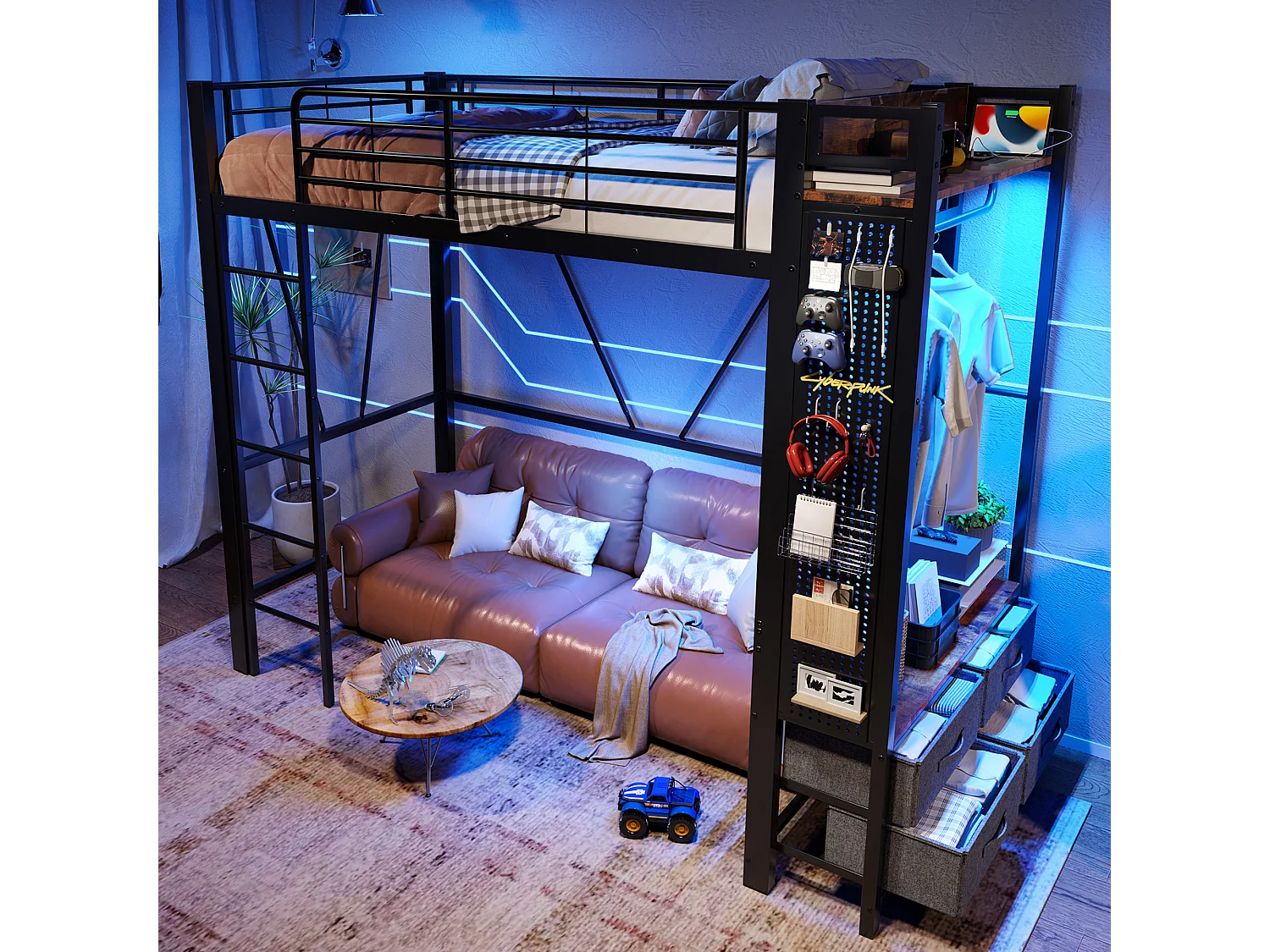 Zwarte hoogslaper 90 x 200 cm met 4 lades, LED, kledingroede, plank, USB + TYPE-C, geperforeerd paneel (zonder matras)