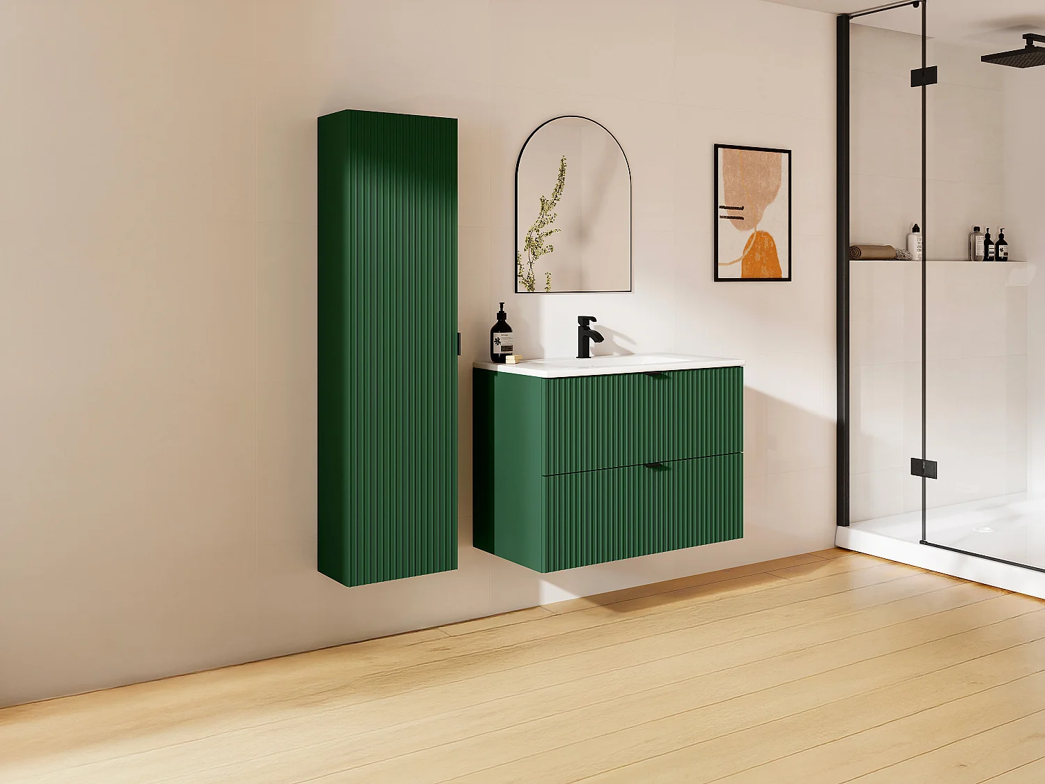 Badkamermeubel met reliëf met inbouwwastafel en kast, mat groen, 80 cm, ZEVINI
