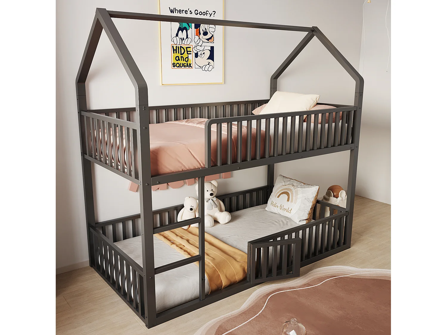 Zwarte kinder stapelbed 90x200cm met ladder, metalen frame, zonder matras