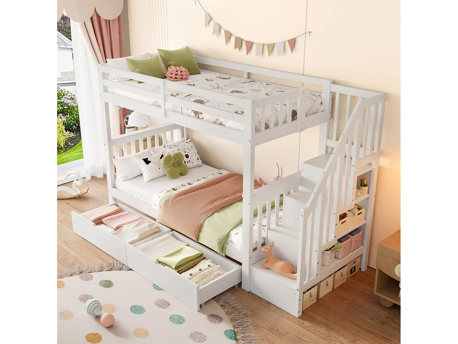 Wit kinderstapelbed 90x200cm met 2 lades, opbergtrap, grenen + MDF, zonder matras