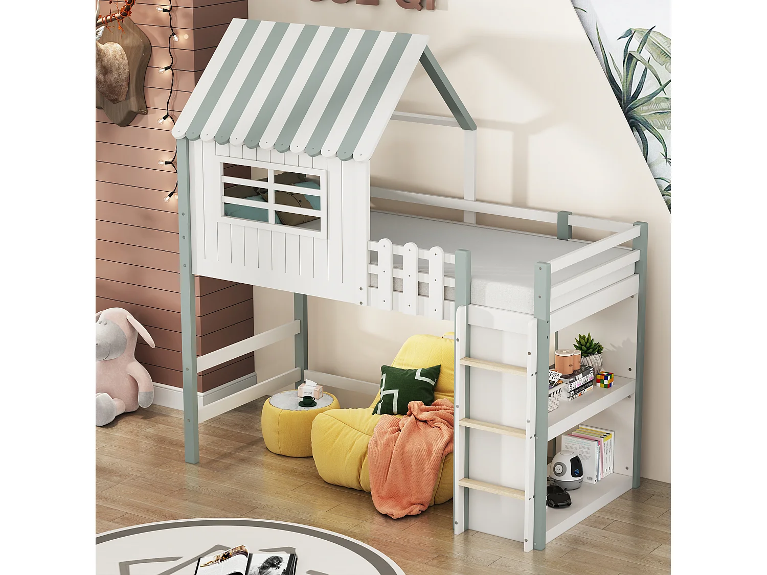 Witte en groene kinderhoogslaper 90x200cm met ladder, raam en opbergplank, zonder matras