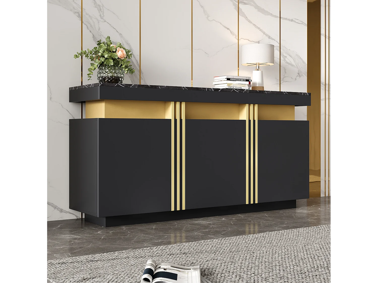 Zwarte 3-deurs dressoir – Dressoir met platina stiksels en verstelbare verdelers – greeploos ontwerp