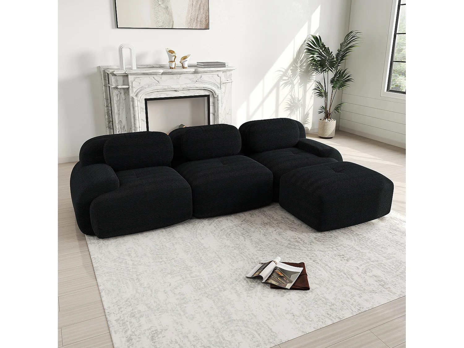 Zwarte hoekbank – 3-zitsbank met gebogen armleuningen en decoratieve kussens – Corduroy