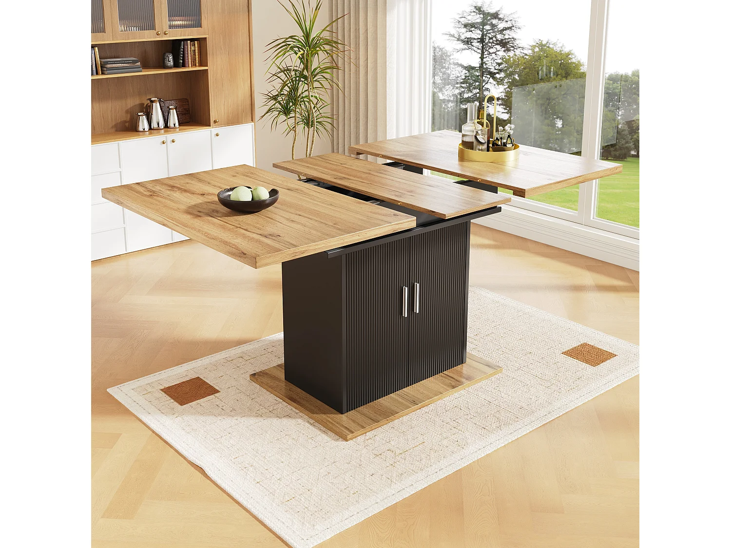 Zwarte uitschuifbare eettafel – Eettafel met 2 deuren – houten blad – open opbergruimte