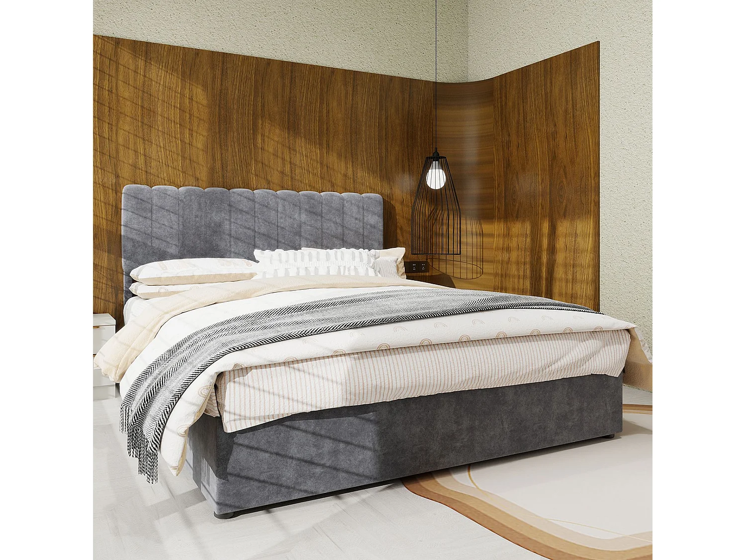 Volwassen bed 140 x 200 cm – Bed met zacht hoofdeinde en opbergruimte – grijs fluweel – matras niet inbegrepen