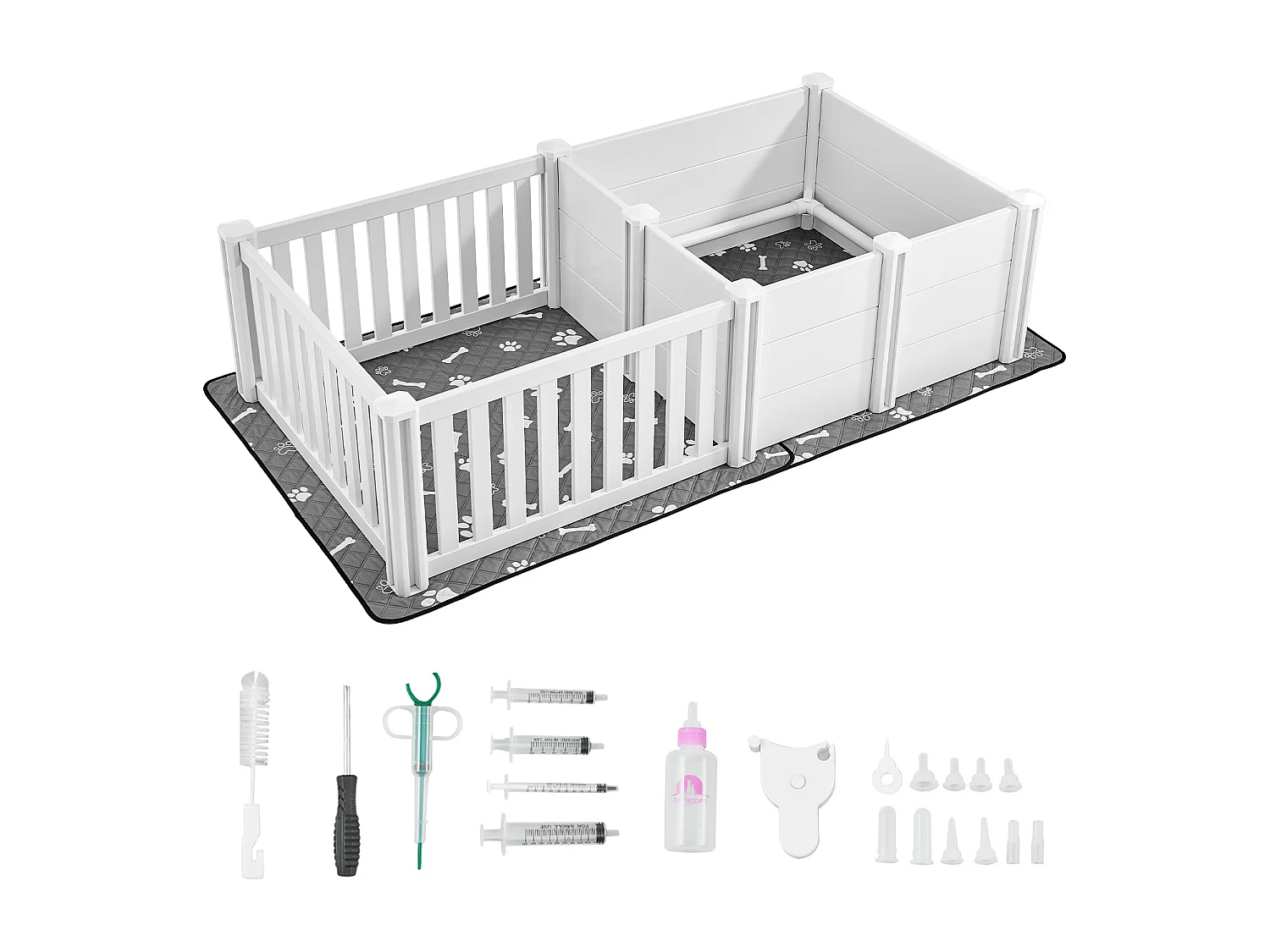 Worpbox SucceBuy voor Hond, 186,5x97x50 cm, Werpkist voor Puppy's, met Deur Verstelbare Hoogte, Plastic PVC Geboortebox