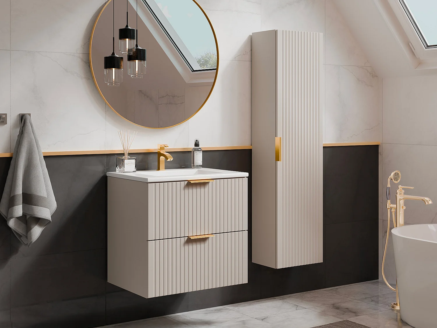 Badkamermeubel met inbouwwastafel en kast, beige, B60 cm, ZEVARA