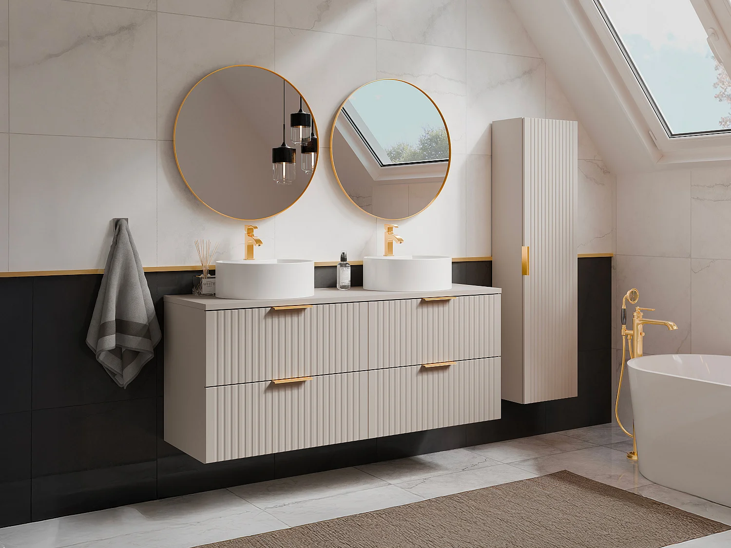 Badkamermeubel met ronde opzetwastafel en kast, beige, B120 cm, ZEVARA