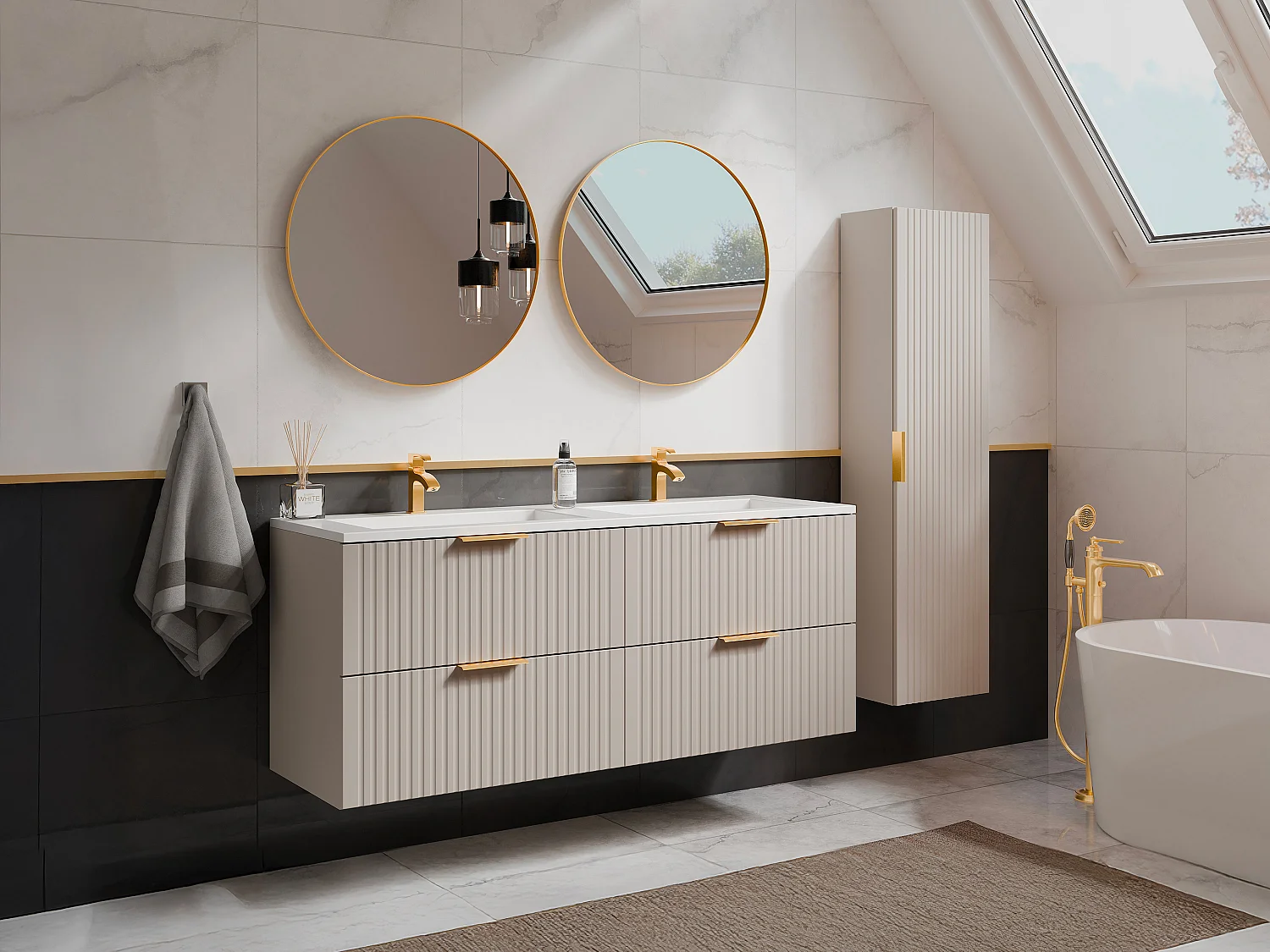 Badkamermeubel met inbouwwastafel en kolomkast, beige, B120 cm, ZEVARA
