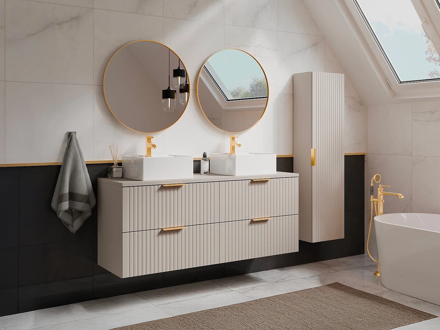 Badkamermeubel met vierkante opzetwastafel en kolomkast, beige, B120 cm, ZEVARA