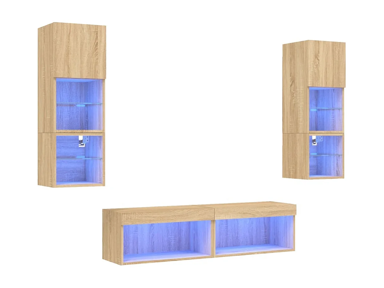Volar  6-delige Tv-wandmeubelset met LED bewerkt hout sonoma eiken