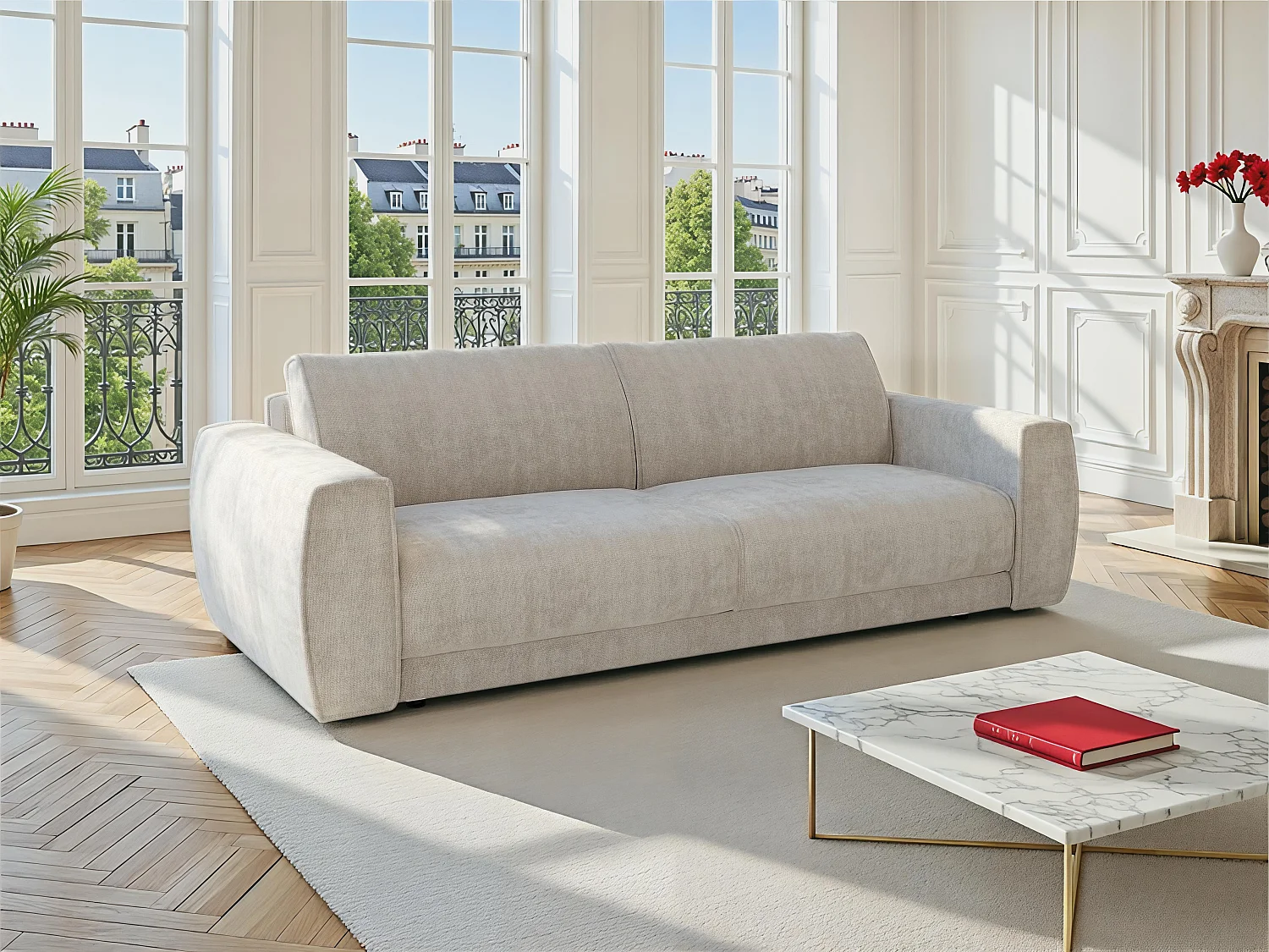 3-zits slaapbank express in beige chenille stof 140 cm matras 16 cm VOMERA