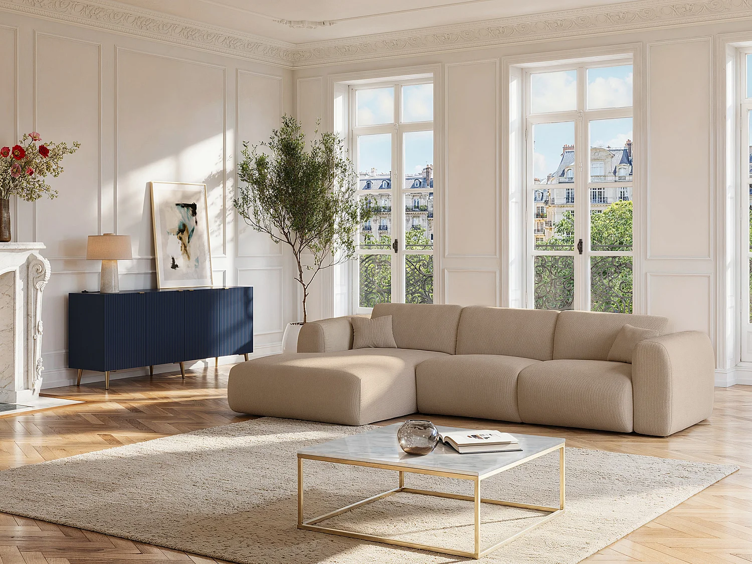 XXL- Hoekbank met hoek links in beige textuurstof POGNI van Maison Céphy – Koop nu goedkoop online