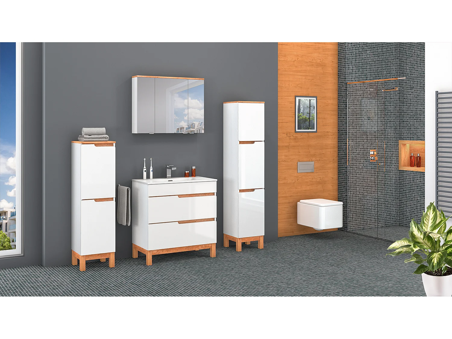 Witte badkamermeubelset 60 cm Kast met wastafel Kolom Halve kolom Spek