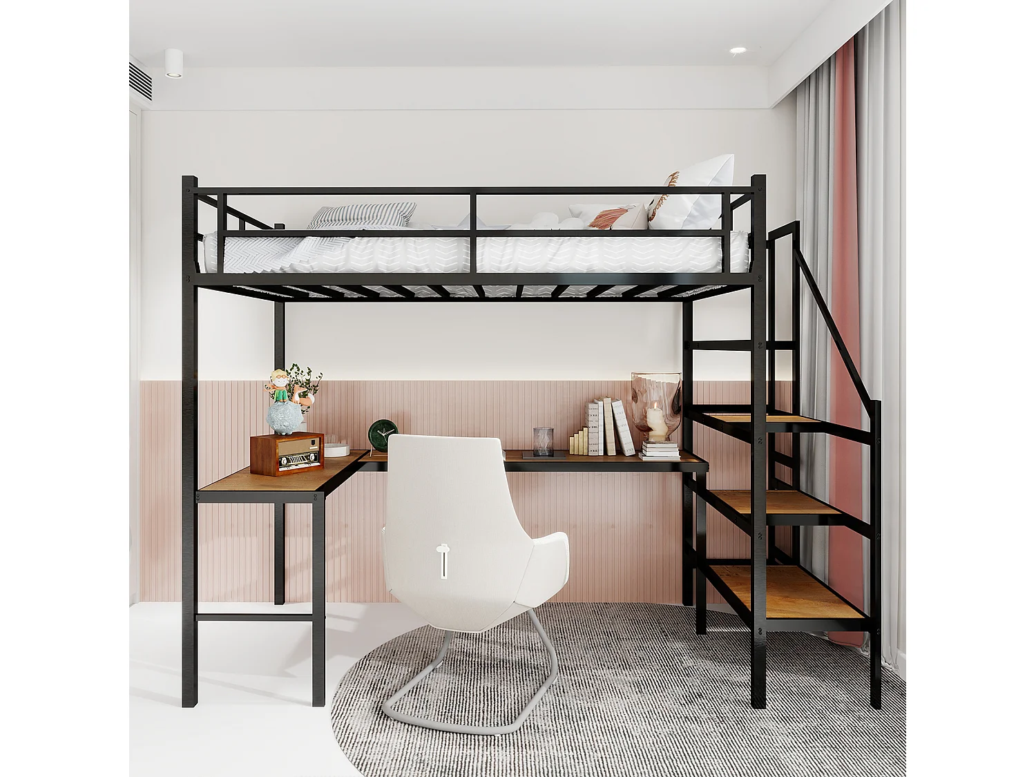 Zwarte mezzanine bed 90x190cm met L-vormig bureau en trap, metaal + hout, zonder matras