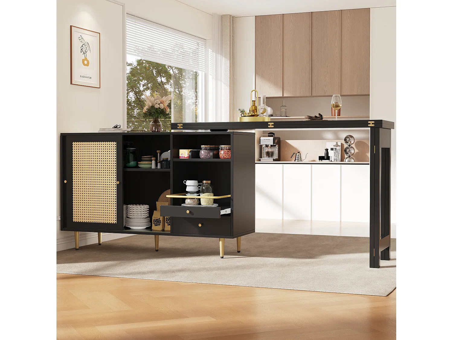 Zwarte 360° draaibare uitschuifbare hoge tafel met opbergruimte en open plank, rotan deur