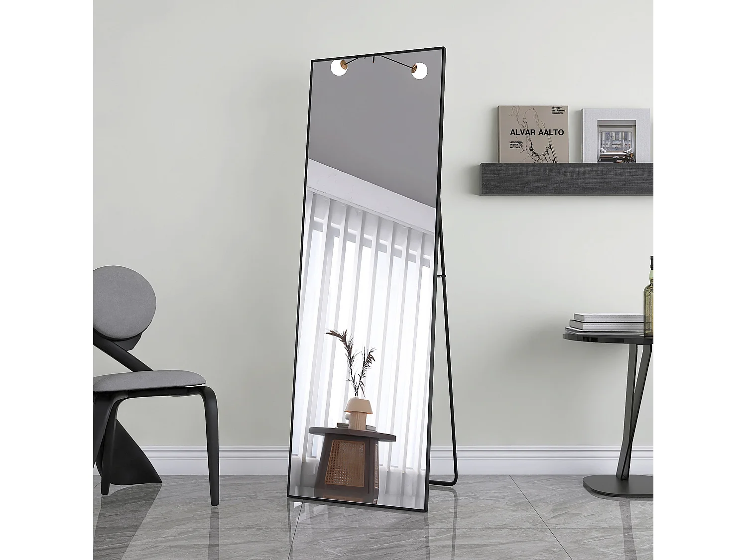 Volledig onbreekbare spiegel, 165×60 cm, vrijstaande spiegel om op te hangen of tegen de muur te plaatsen, vloerspiegel met standaard, zwart