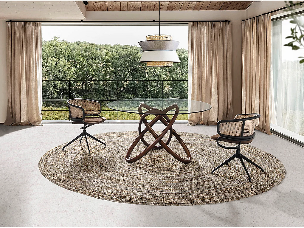 Eettafel rond gehard glas en walnootkleurig hout 1020-Ø140 ANGEL CERDA