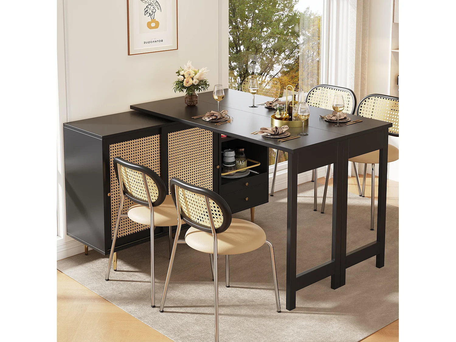 Zwarte 360° draaibare buffetkast, 107 x 40 x 71,4 cm, met opbergruimte, rotandeur en open plank