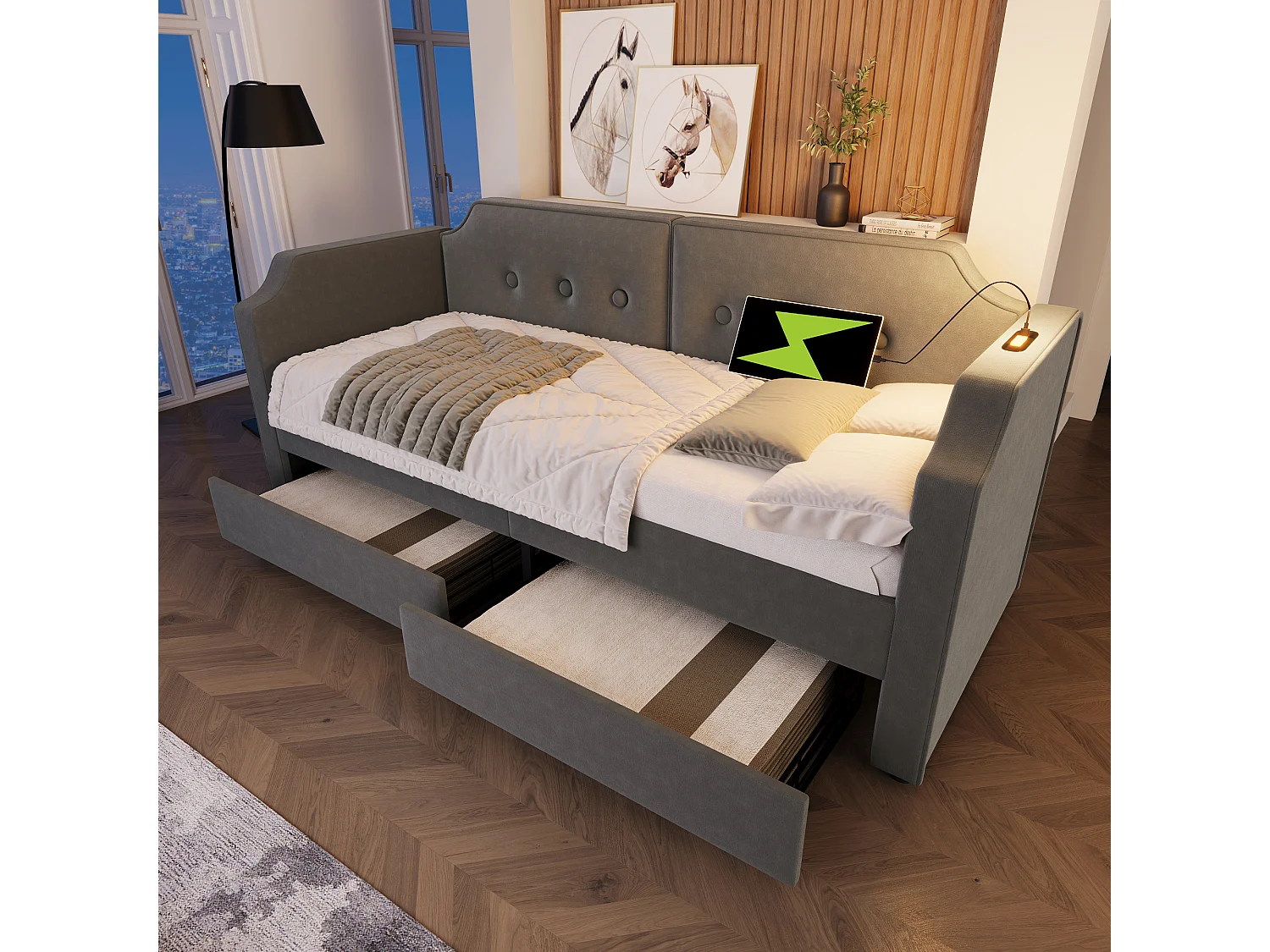 Zitbank 90×200 cm Volwassenenbed met leeslampje en USB-aansluiting, 2 lades – grijs fluweel (zonder matras)
