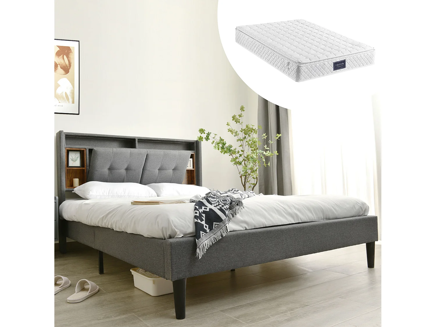 Volwassen bed 140 x 200 cm – Hoofdbord met opbergruimte en USB-aansluiting – linnengrijs – inclusief matras