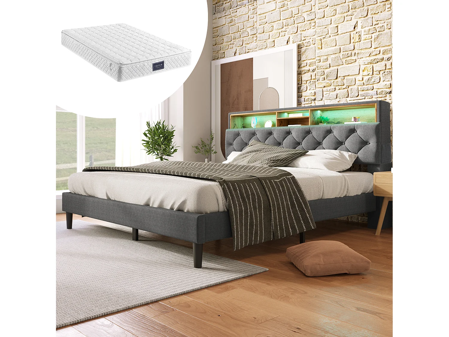 Volwassen bed 140 x 200 cm – Hoofdbord met opbergruimte en ledverlichting – linnengrijs – inclusief matras