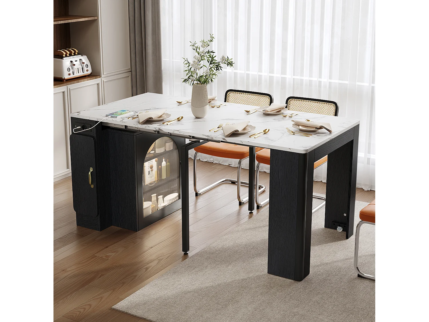 Zwarte uitschuifbare eettafel – 3-deurs, 3-planken tafel – met stopcontact en wielen
